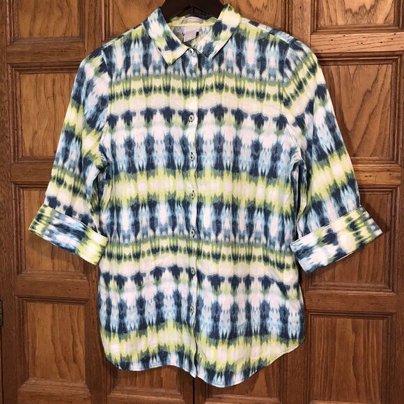 Chico's Tie-Dye No Iron 100% Linen Blouse Women's 4 Blue/Green Button Up Top - Picture 1 of 10